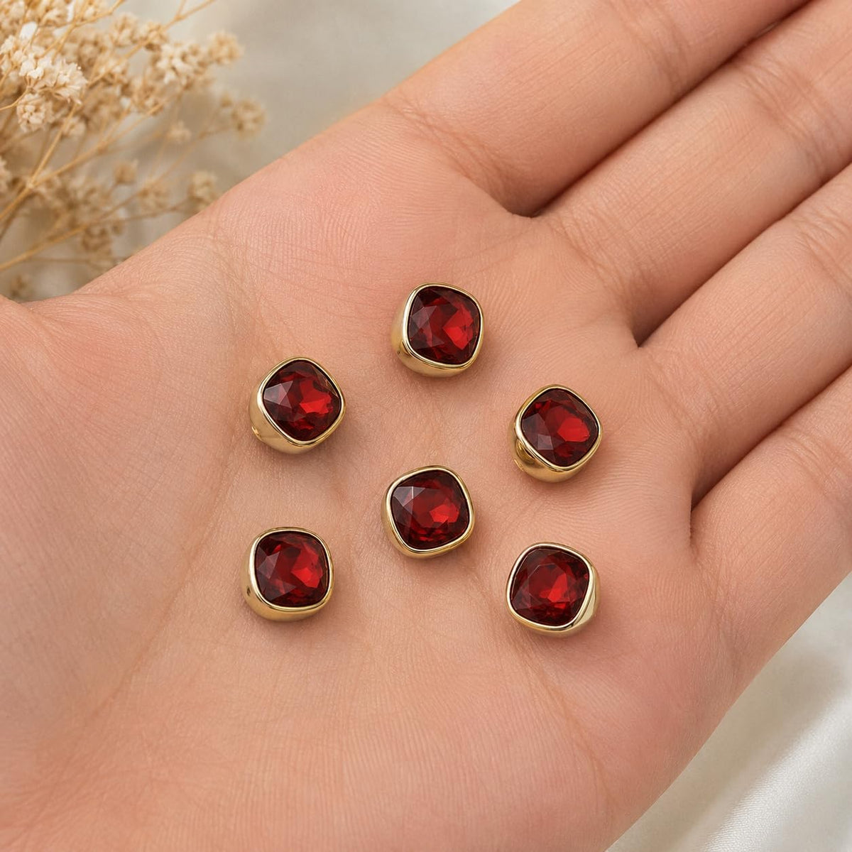 S.A.V.I Crystal Buttons for Kurti Blouse Ruby Red 12mm Set of 6 | Resin Shank Fasteners, Gold-Tone Rim, Ethnic Wear, Sewing Crafts, Dresses