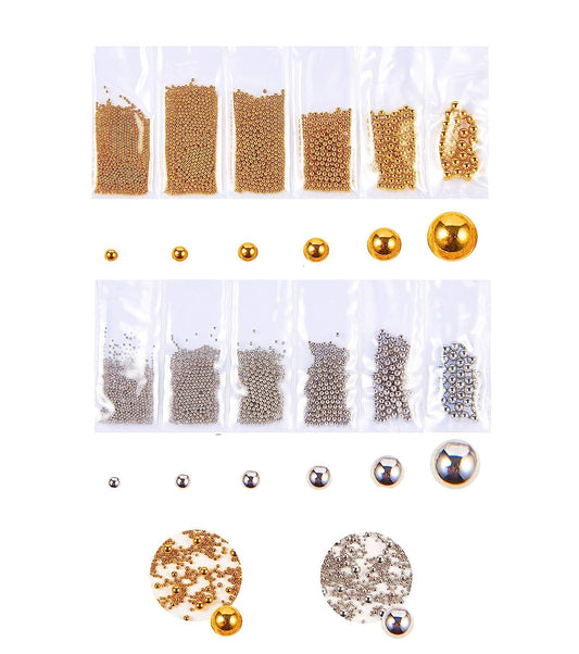 S.A.V.I (Pack of 2) 6 Sizes 3D Metal Micro Beads Golden  Silver Stainless Steel Caviar Beads For DIY Nail Art