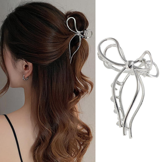 S.A.V.I Silver Metal Bow Hair Claw Clip for Women, 11.5 cm Large Butterfly Design, Strong Hold Non-Slip Jaw for Thick Long Hair, Korean Style Elegant Accessory To Use Daily & For Party