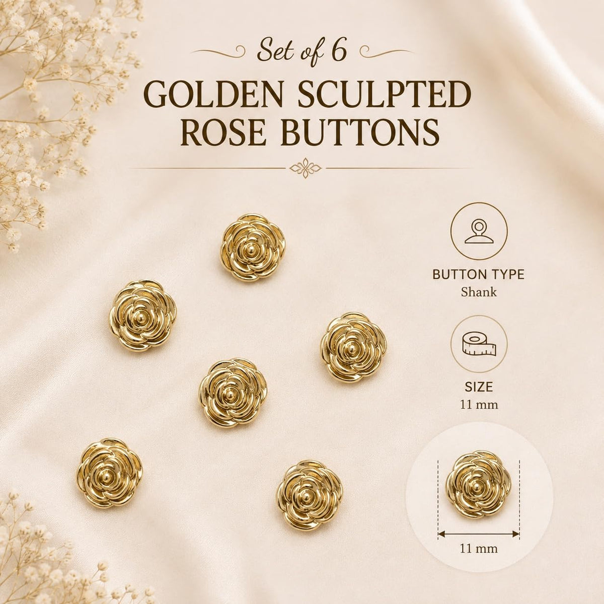 S.A.V.I Golden Rose Shank Buttons 11mm for Women Clothing | Set of 6, Floral Design, Metallic Finish, DIY Craft Use, Blouse & Dress
