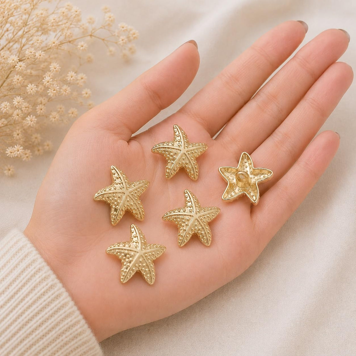S.A.V.I Golden Starfish Shank Buttons 22.5mm for Sewing & Crafts | Set of 6, Sculpted Sea Star Design, Gold Tone Finish, For Blazers & Jackets, DIY Embellishment