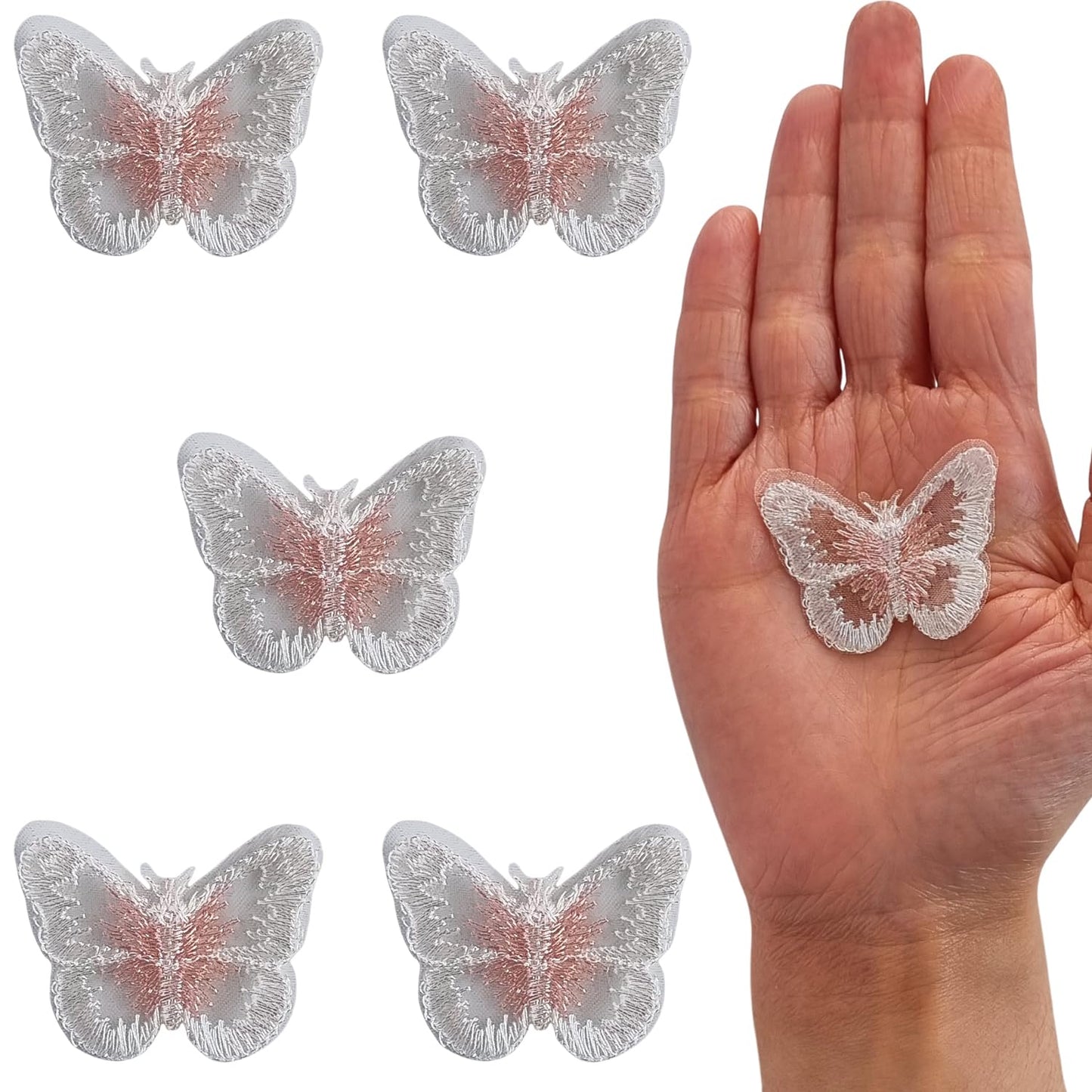 S.A.V.I 5PC 3D Blue Butterfly Applique Patch | Sew-On Mesh Lace Fabric Embroidery for DIY Dresses, Saree, Lehenga, Blouse, Gown, Bridal Wear  Craft | Decorative Sewing Patch (2x1.8 in) (White pink)