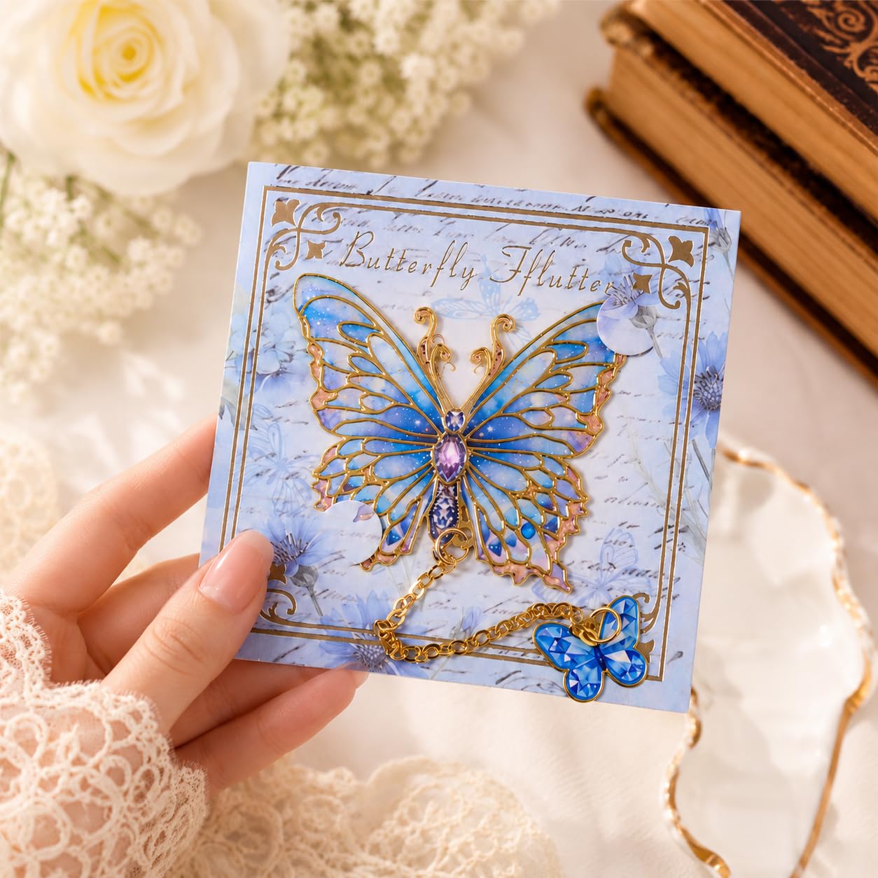 S.A.V.I Blue Butterfly Metal Bookmark with Dangling Charm | Enamel Detailing, Gold-Tone Finish, 14 cm Total Height, For Journals & Planners, Page Marker