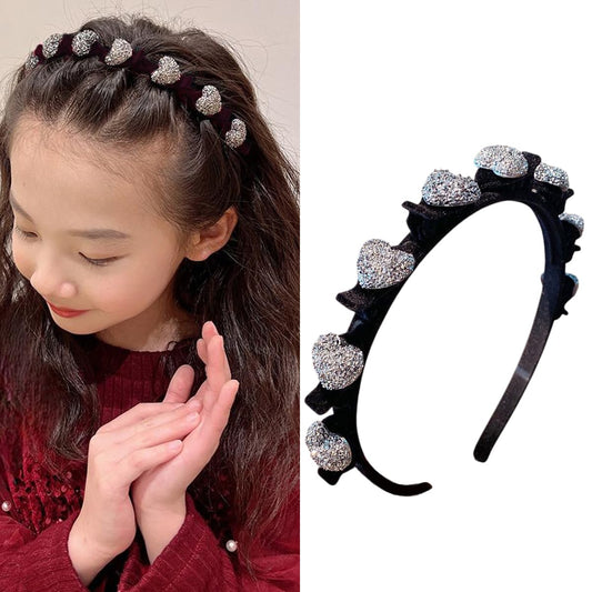 S.A.V.I Velvet Korean Style Hairband for Women – Black Headband with Silver Glitter Heart Design | Stylish Party Hair Accessory | Lightweight & Comfortable Fit