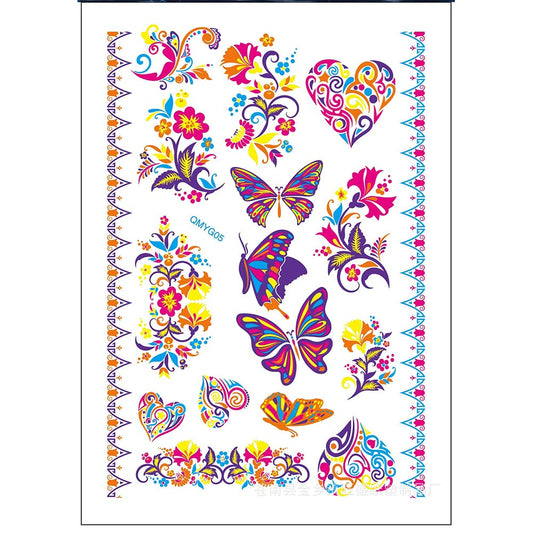 S.A.V.I Neon Temporary Tattoos, UV Color Tattoos For Men Women, Body Face Art, Heart, Flower, Butterfly Tattoo Flash Fake Waterproof Tattoo Stickers, Size- 21x15CM