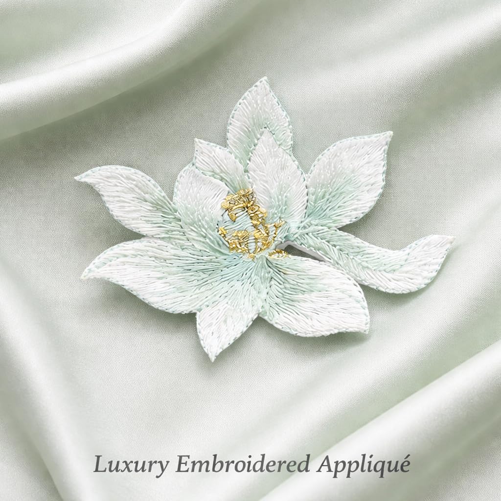 S.A.V.I Green Lotus Flower Iron-On Embroidered Appliqué Patch 8.7 x 6.9 cm | Premium Fabric Floral Motif for Dresses, Kurtis, Sarees, Blouses & DIY Garment Decoration (Green)