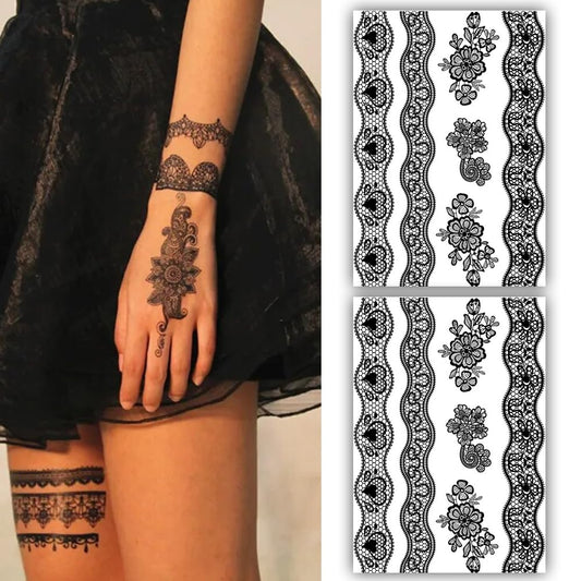 S.A.V.I 2 Sheets - Black Henna Mehndi Tattoo Stickers, Lace Floral Design, 21x15cm, Temporary Body Art for Women  Girls