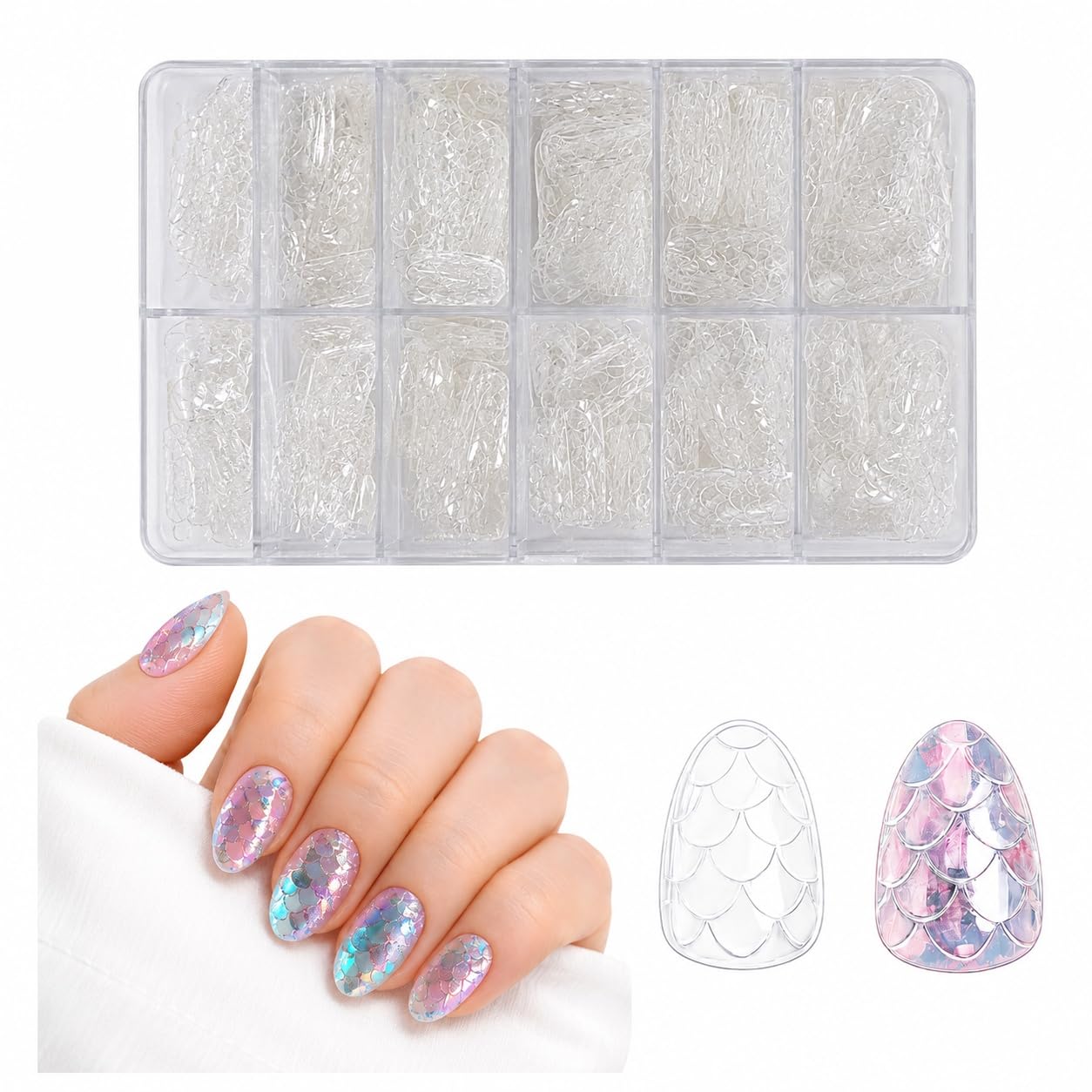 S.A.V.I 3D Mermaid False Nails 140 Pcs Clear Soft Gel Tips | Short Almond Shape, 12 Sizes, Lightweight & Comfortable, Easy to Apply & Remove, DIY Manicure