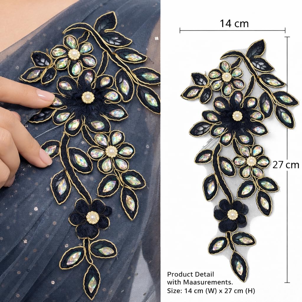 S.A.V.I Black & Gold Floral Crystal Embroidered Sew-On Appliqué Patch, Net Fabric Zardozi Style Motif for Saree Blouse Gown Kurti Decoration, 14 x 27 cm