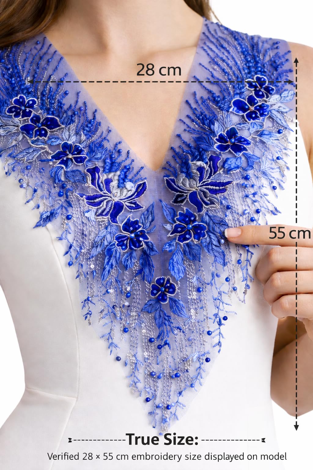 S.A.V.I Royal Blue Floral Appliqué Patch 28 x 55 cm | V Neck Triangle Design | Net Mesh Beaded Lace Motif for Blouse, Lehenga Choli, Anarkali & Gown (Royal Blue)