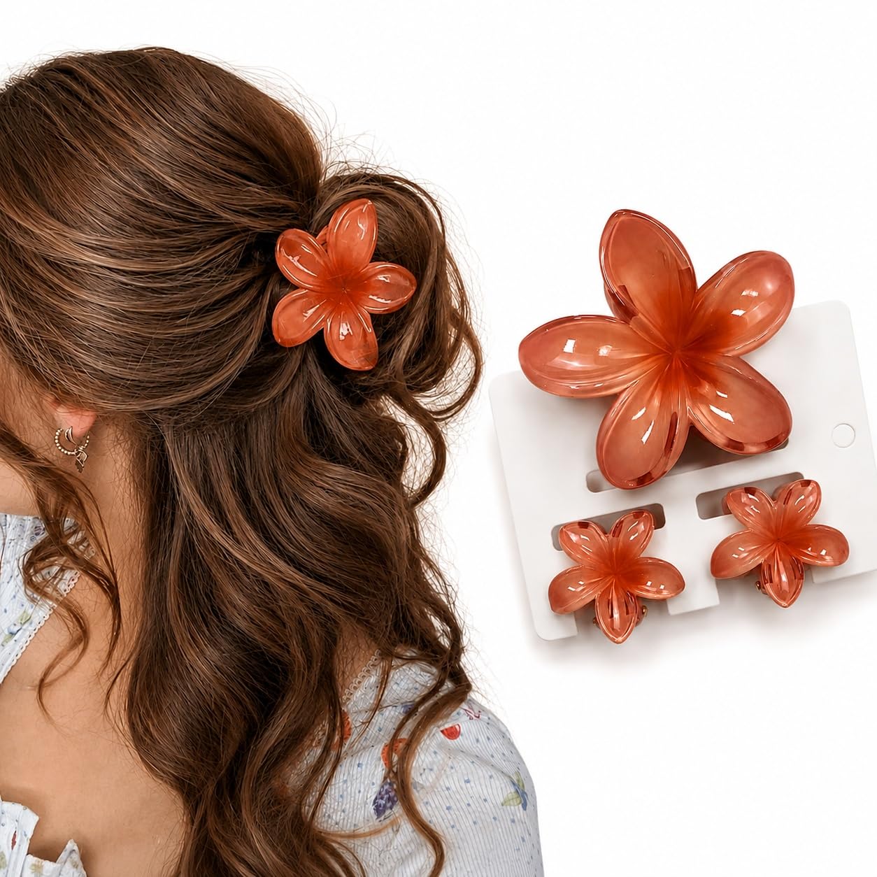 S.A.V.I Floral Hair Claw Clips Set of 3 for Women & Girls, Orange | 1 Large 8 cm & 2 Mini 4 cm, Acrylic Barrettes, Half Updos & Buns, Secure Grip, Daily Wear