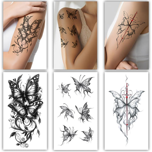 S.A.V.I Butterfly Temporary Tattoos for Women & Girls – 3 Large Sheets (21x11cm) | Black & Red Waterproof Arm Body Art Stickers | Safe, Non-Toxic, Long-Lasting Tattoo Designs (Butterflies-1)
