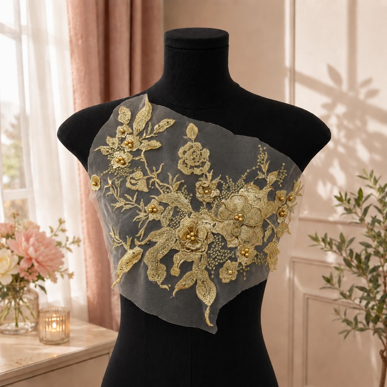 S.A.V.I Gold Floral Embroidery Patch Sew-On Applique 36x25 cm|DIY Lace Motif for Dresses, Blouses, Kurtas & Gowns, Mesh Base with Pearl Accents, Elegant Craft Embellishment, 1 Pc