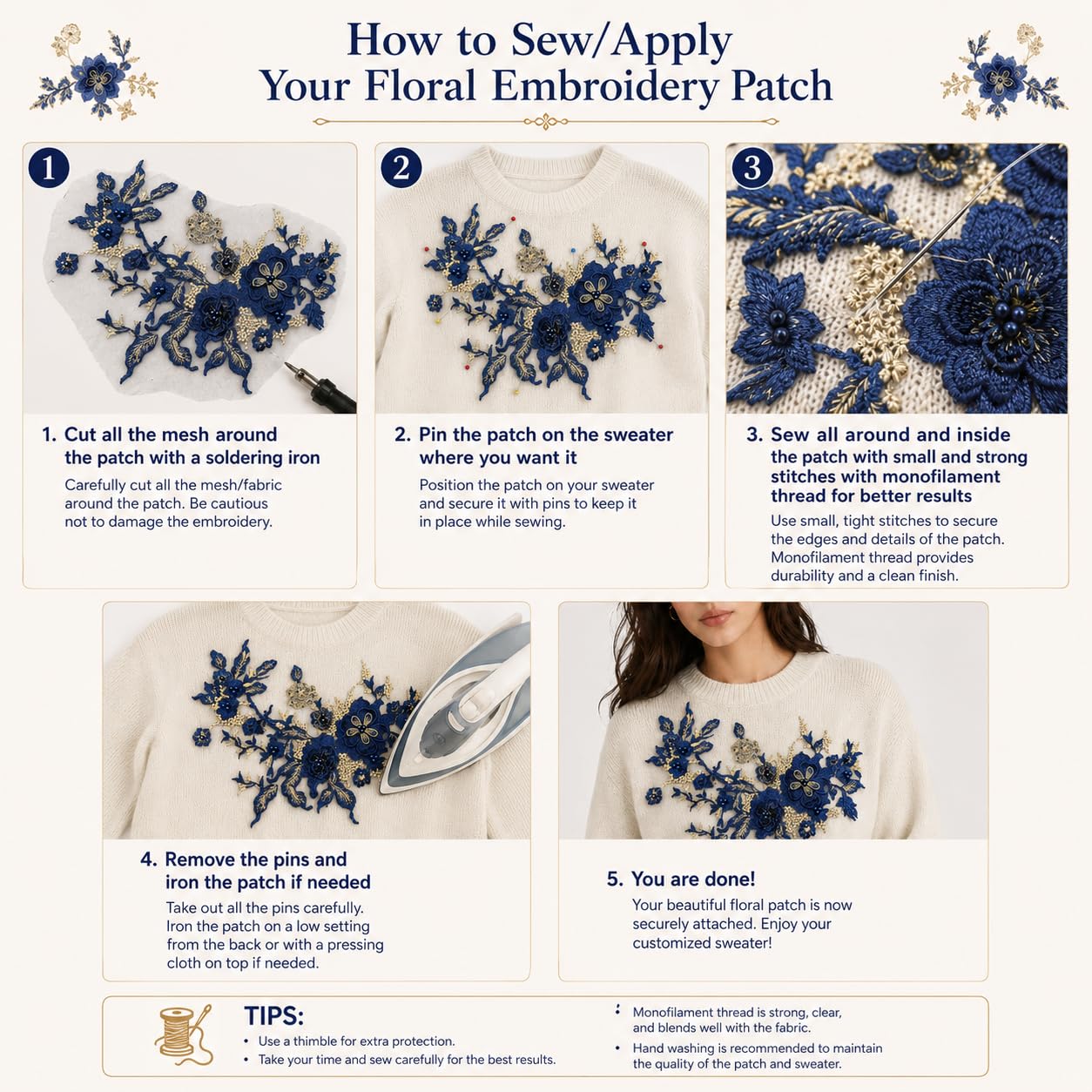 S.A.V.I Floral Embroidery Patch Sew-On Applique Navy Blue 36 x 25 cm|Gold Beaded Lace Motif for DIY Blouse, Gown, Sweater, Kurti & Costume Customization