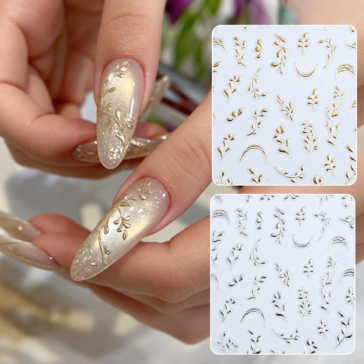S.A.V.I 3D Nail Art Stickers Floral Leaf Design Gold & Silver | Self Adhesive, Metallic Botanical Decals, DIY Manicure, 7 x 9 cm Sheets, Set of 2