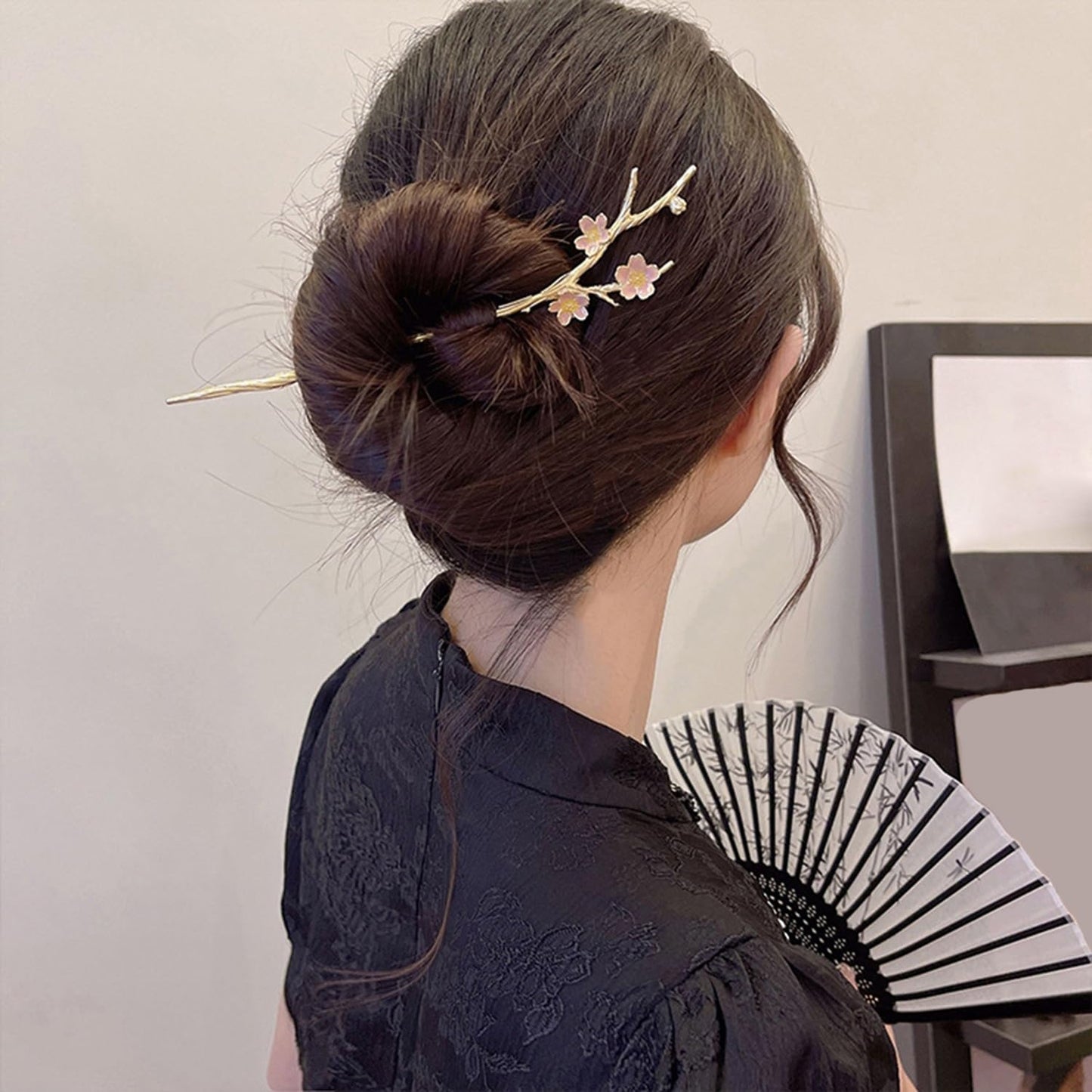 S.A.V.I Cherry Blossom Hair Stick Pin for Women & Girls | Gold Tone Japanese Style Hairpin with Pink Floral Design | Elegant Metal Bun Hairstick Accessory for Bridal, Party & for Daily