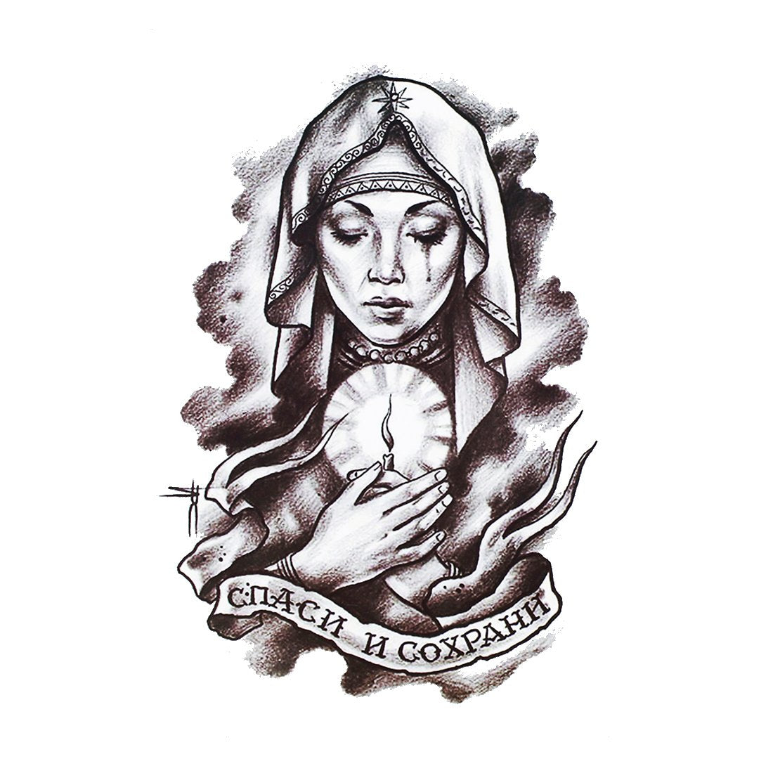 S.A.V.I 3D Temporary Tattoo Waterproof Sticker Crying Mother Mary with Candle Pattern Size - 21x15cm