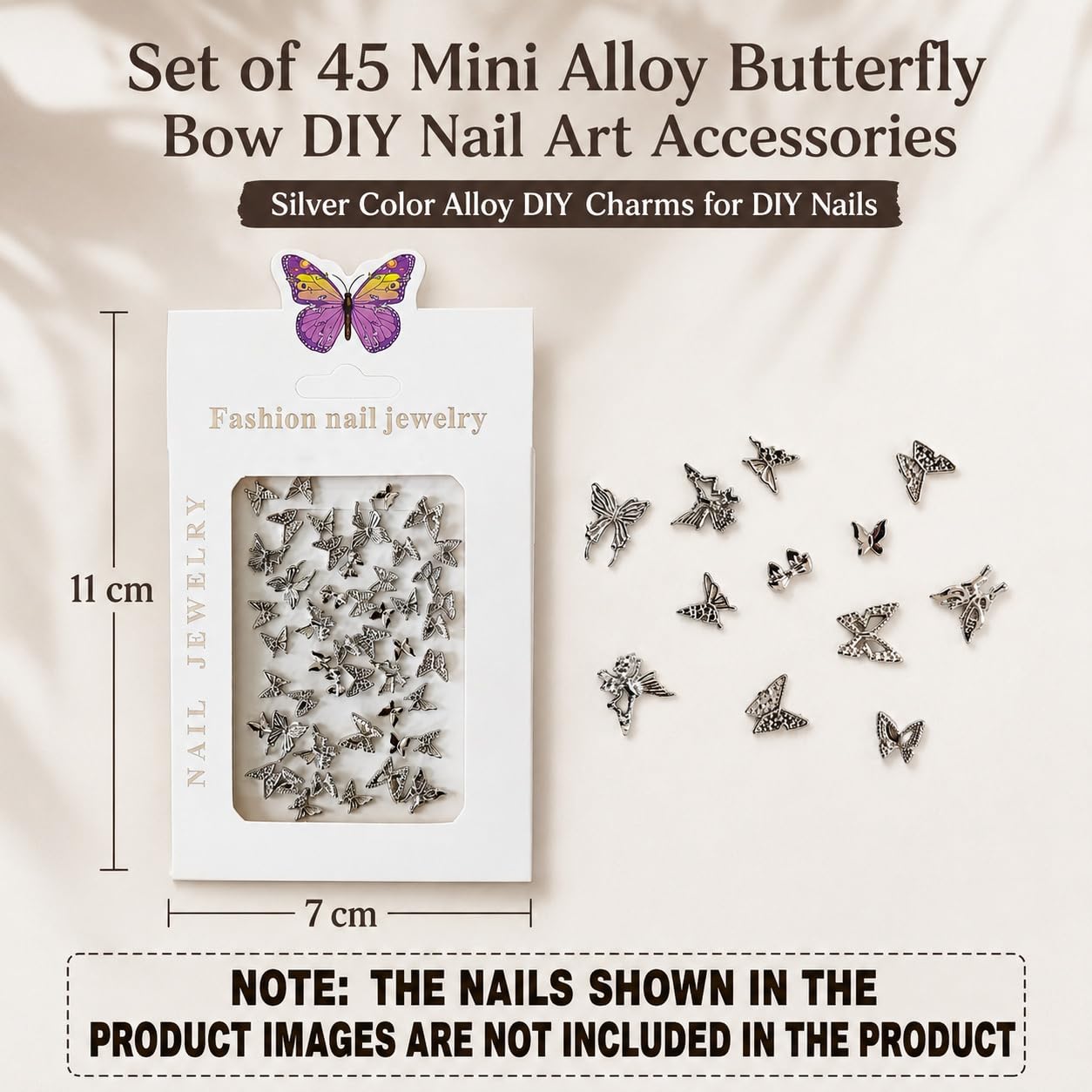 S.A.V.I 45Pcs Alloy Nail Charms Butterfly Bow Silver 3D | Mixed Shapes, Gel & Acrylic Designs, Durable Metal, Salon & Home DIY, Manicure Embellishments