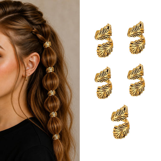 S.A.V.I 5 PCS Antique Gold Leaf Hair Braid Rings for Women & Girls | Vintage Alloy Dreadlock Cuffs & Braiding Clips | Feather Design Hair Accessories for Braids, Dreads & Styling