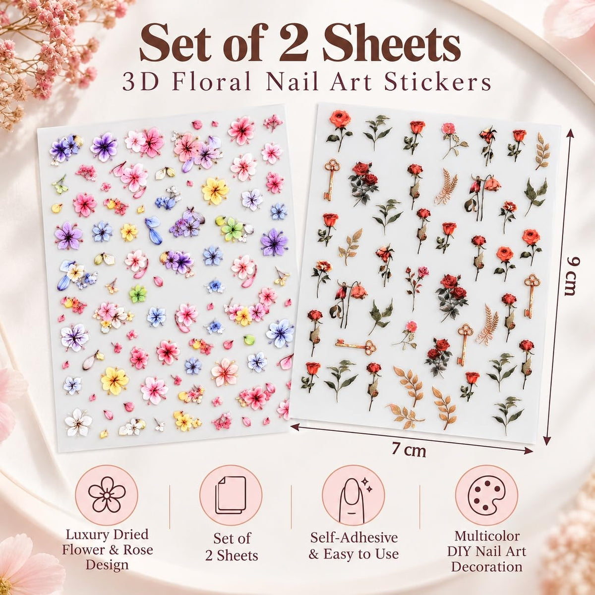 S.A.V.I 3D Floral Nail Art Stickers Self Adhesive Rose Decals | 2 Sheets, 7 x 9 cm, Multicolor Designs, DIY Manicure, Women & Girls