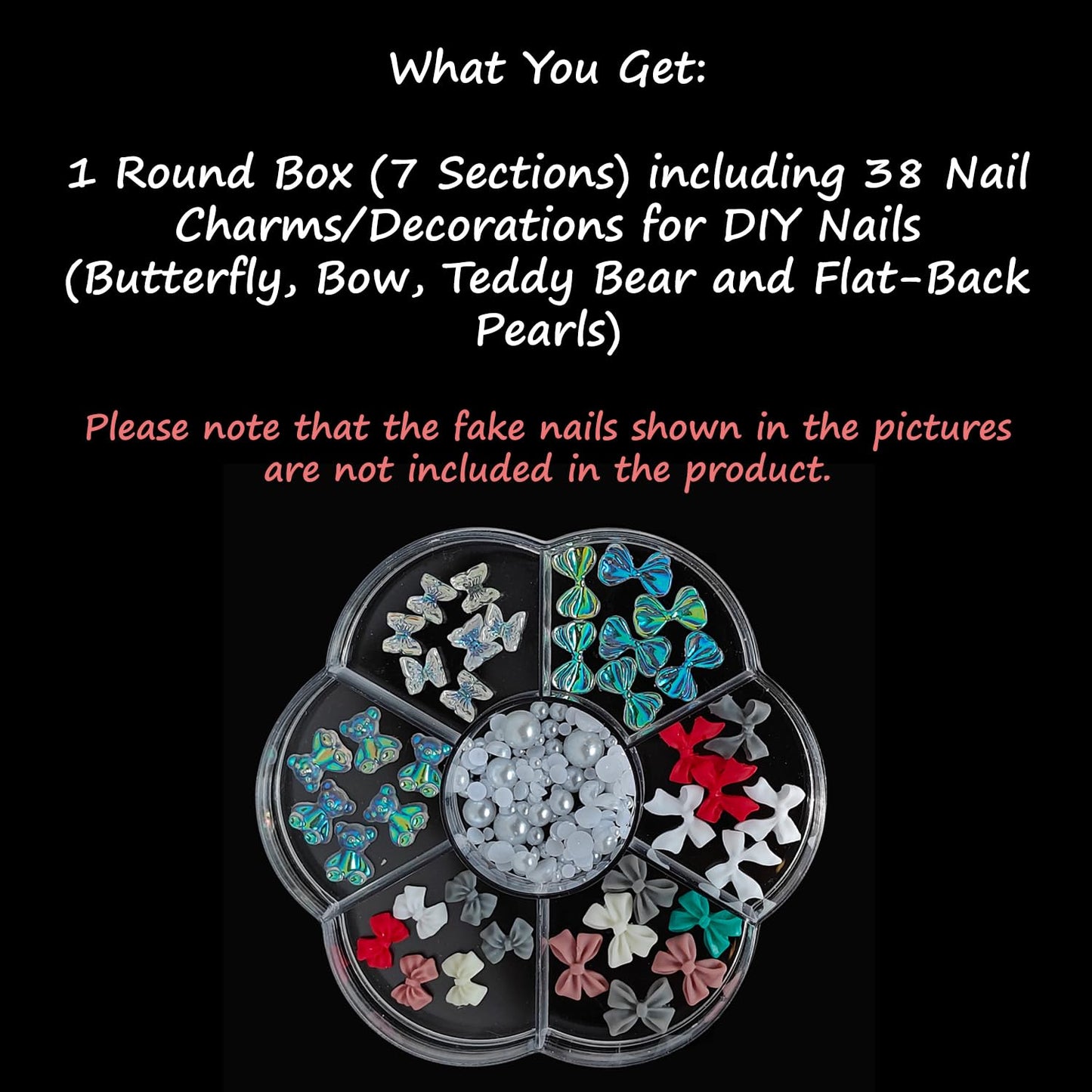 S.A.V.I DIY Nail Art Charms Set with Multicolour Resin Bows, Butterflies, Teddy Bear & Flat-Back Pearls | 7-Section Round Storage Box 8.3 cm | Nail Decoration Kit 38 pcs
