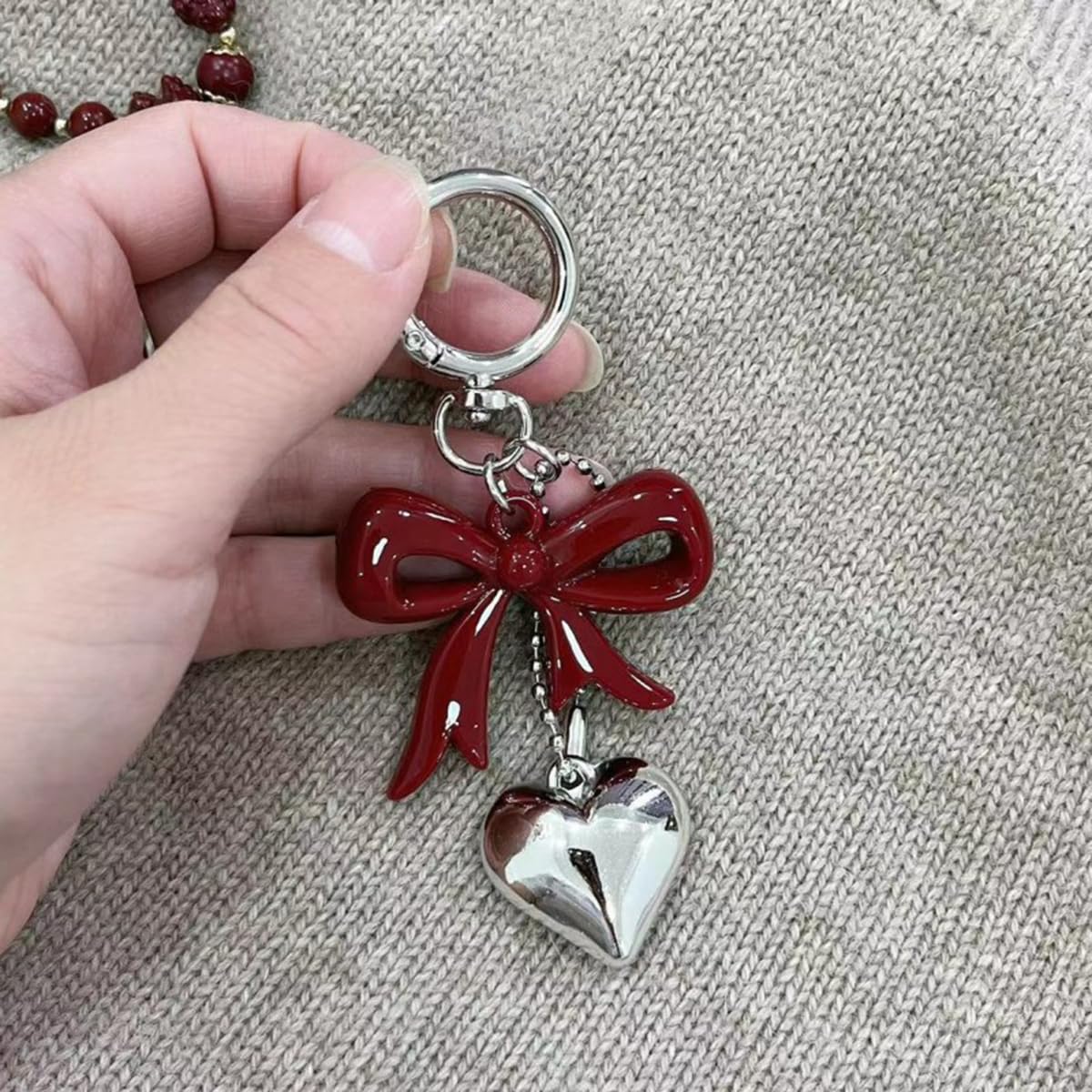S.A.V.I Resin Bow Heart Keychain for Women, Cute Bag Charm, Wine Red,Glossy alloy accent with secure clasp; stylish accessory for handbags, backpacks, purses & gifting, 11 x 5 cm
