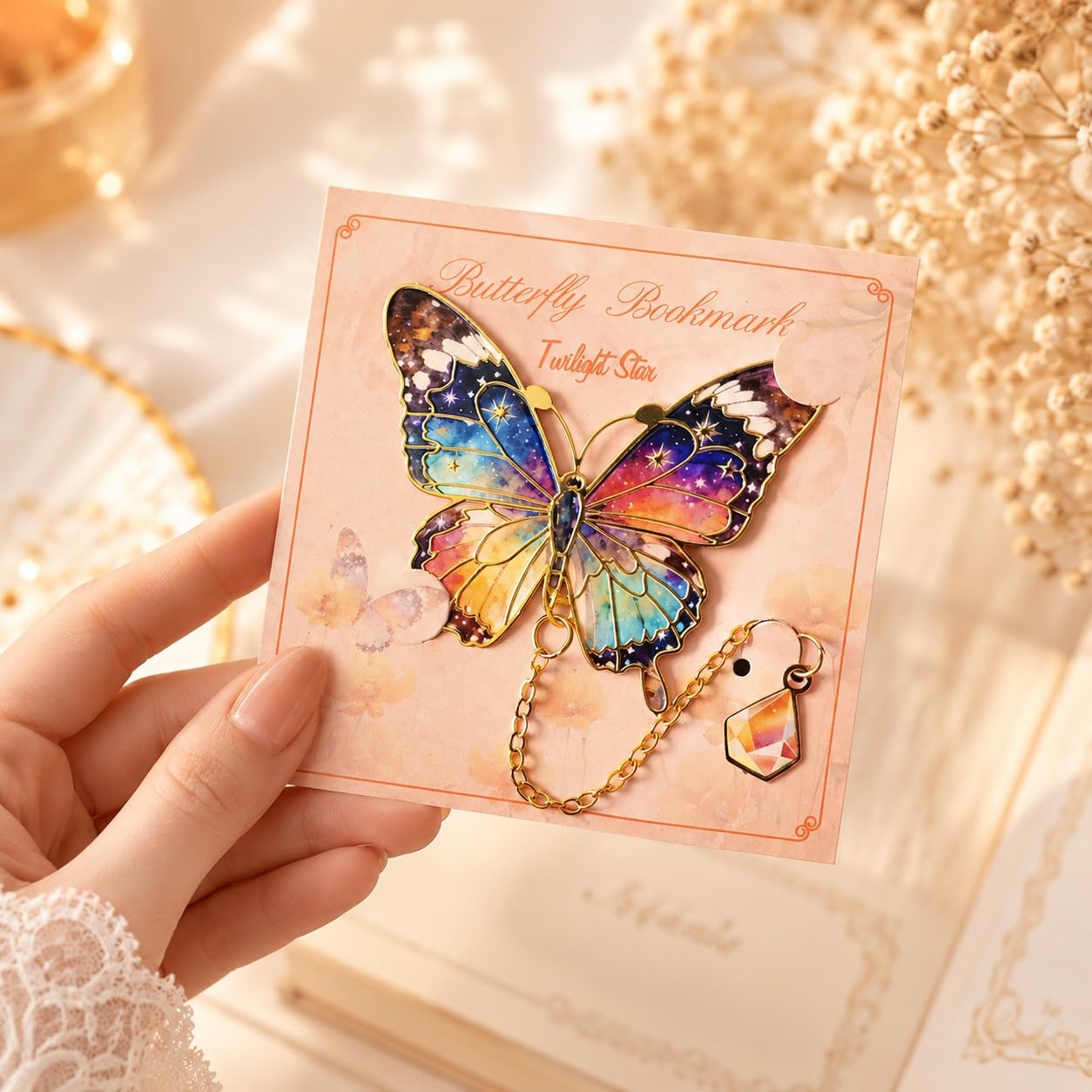 S.A.V.I Colorful Butterfly Metal Enamel Bookmark with Crystal Charm | Rainbow Finish, 5 cm Wings, 14 cm Dangle, Gold Chain Tassel, For Book Lovers, Women & Girls