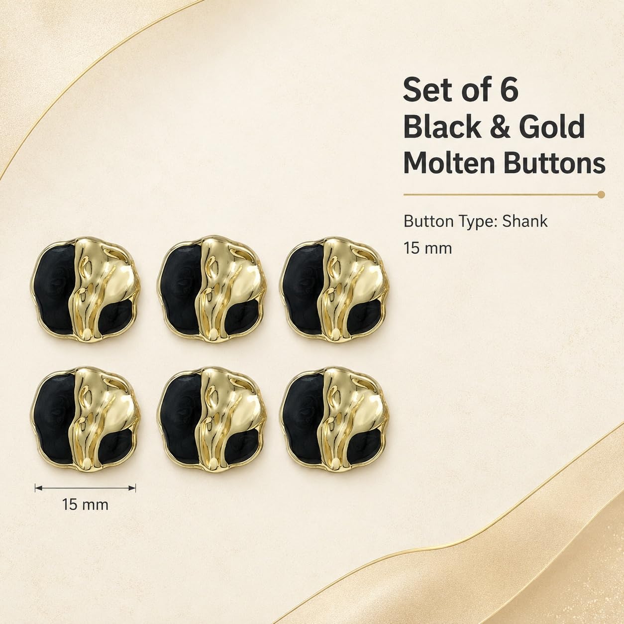 S.A.V.I Designer Shank Buttons 15mm Black & Gold Molten Finish | Set of 6, For Blazers & Jackets, DIY Garments, Decorative Accent, Sewing Fasteners