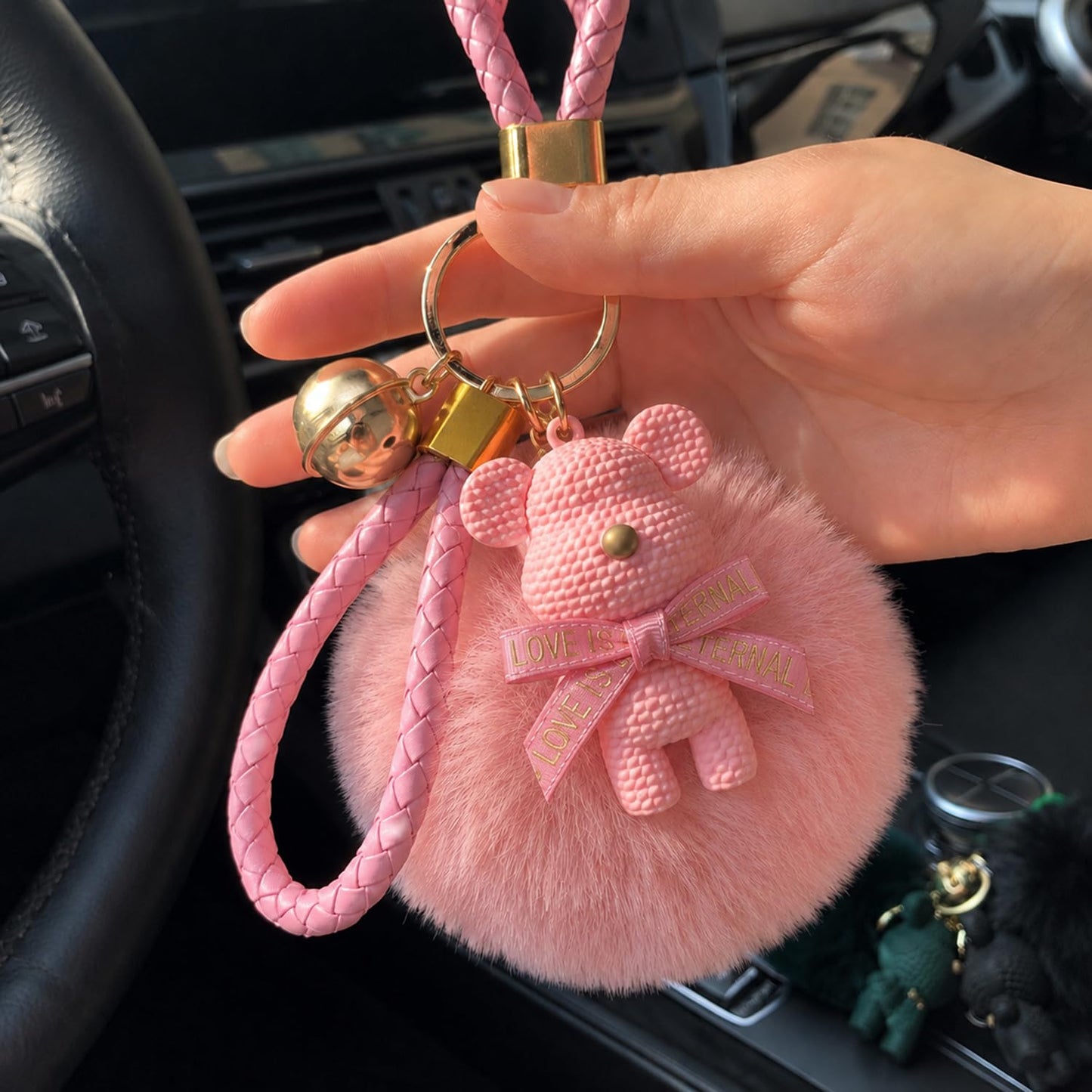 S.A.V.I Teddy Bear Pom Pom Keychain for Women & Girls, Pink Bag Charm, Soft Faux Fur, Braided Strap, Gold-Tone Bell, 13.5 Cm Cute Accessory For Keys, Handbags, Backpacks & Gifting