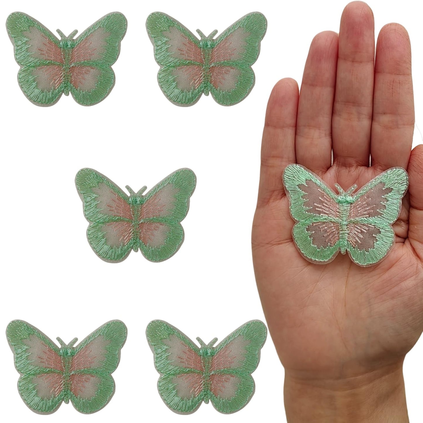 S.A.V.I 5Pcs Green & Pink Embroidered Butterfly Sew-On Patches, 5 x 4.5 cm Sheer Net Fabric Appliques for Blouses, Dresses, Lehengas, Crafts & DIY Sewing (Green Pink)