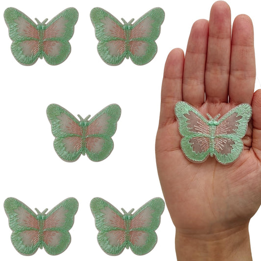 S.A.V.I 5Pcs Green & Pink Embroidered Butterfly Sew-On Patches, 5 x 4.5 cm Sheer Net Fabric Appliques for Blouses, Dresses, Lehengas, Crafts & DIY Sewing (Green Pink)