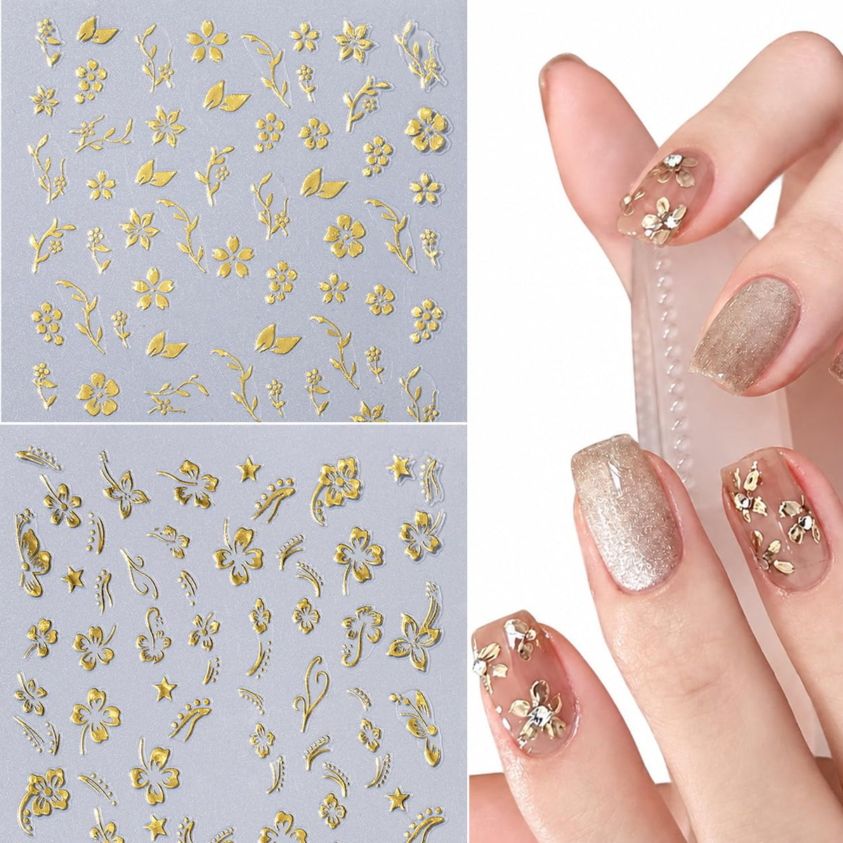 S.A.V.I 3D Floral Nail Art Stickers Metallic Gold Self Adhesive | 2 Sheets, 8 x 10 cm Each, Raised Flower & Leaf Designs, Easy Peel and Apply, for Women & Girls