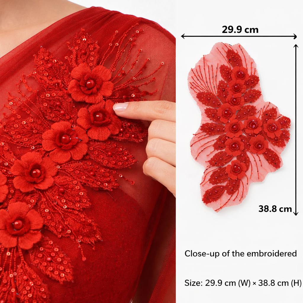 S.A.V.I 3D Red Floral Embroidered Appliqué Patch 29.9x38.8 cm | Leaf-Shaped Net Fabric with Beads & Sequins | Designer Motif for Saree Blouse, Gown, Lehenga & Sewing Crafts (Red)