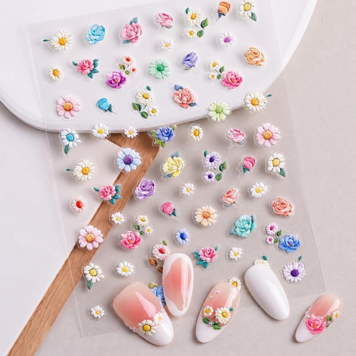 S.A.V.I 3D Floral Nail Art Stickers, Self Adhesive, 2 Sheets, 8x10 cm | Multicolour Decals, Rose, Daisy & Wildflower, Easy Peel & Apply, DIY Manicure, Salon Style