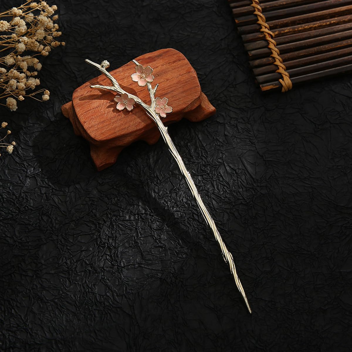 S.A.V.I Cherry Blossom Hair Stick Pin for Women & Girls | Gold Tone Japanese Style Hairpin with Pink Floral Design | Elegant Metal Bun Hairstick Accessory for Bridal, Party & for Daily