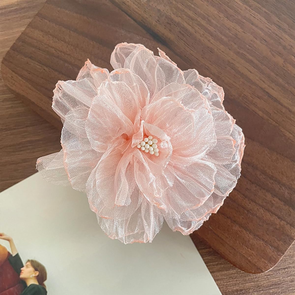 S.A.V.I Baby Pink Organza Flower Hair Clip for Girls & Women, 9 cm Large Floral Alligator Barrette, Soft Mesh Blossom Hair Accessory for Party, Wedding, Korean Style Hairstyles