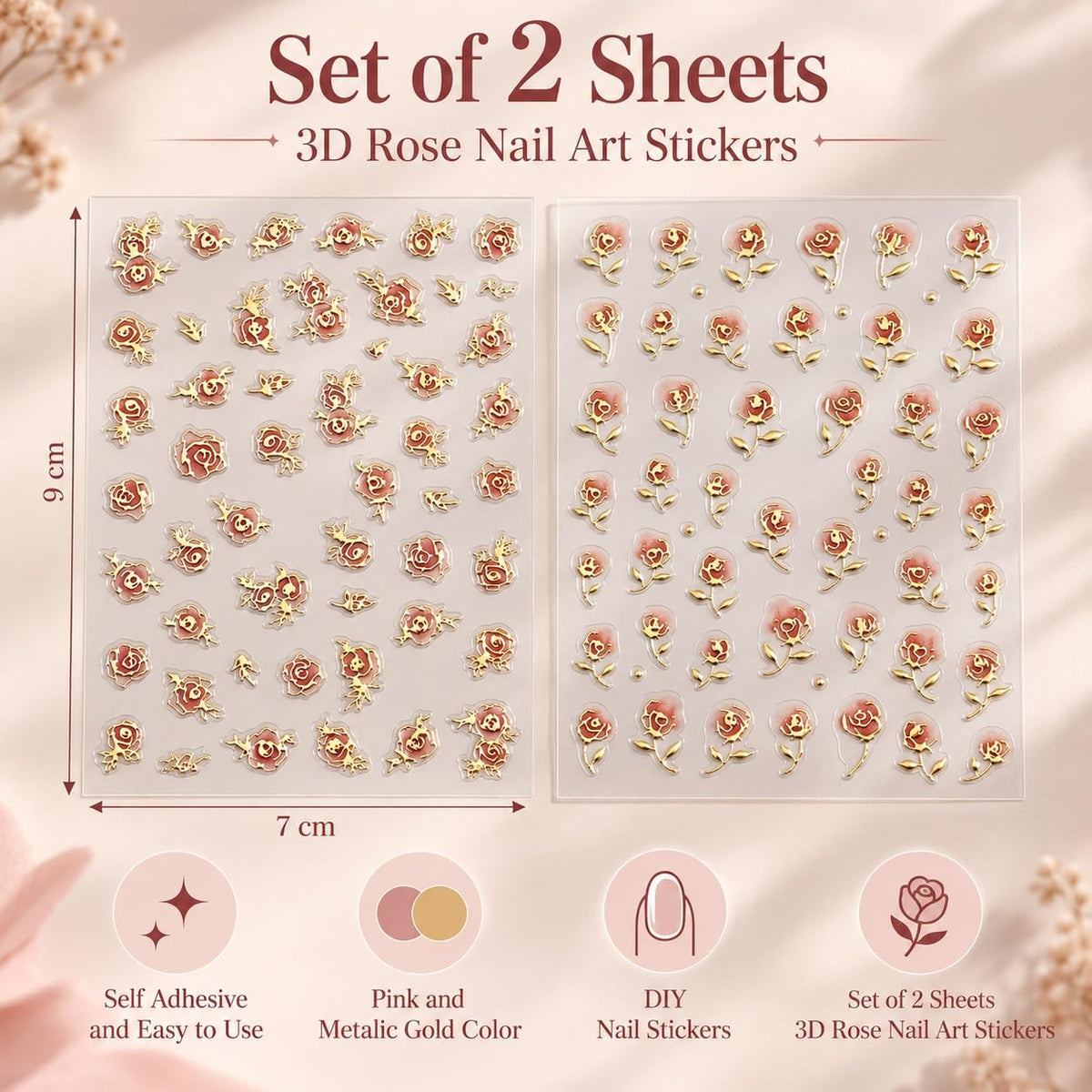 S.A.V.I 3D Rose Nail Art Stickers Self Adhesive Floral Decals 2 Sheets | Pink & Metallic Gold, Embossed Flower Designs, DIY Manicure Decor, 7 x 9 cm, Salon Style Finish