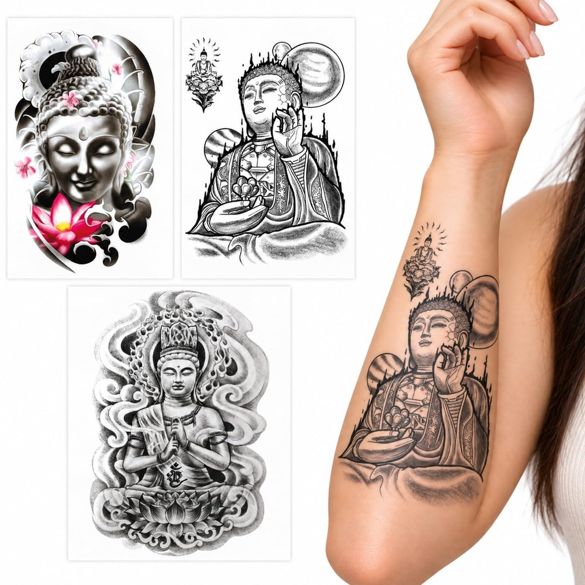 S.A.V.I Buddha Temporary Tattoo Black & Grey Lotus, 15x21 cm