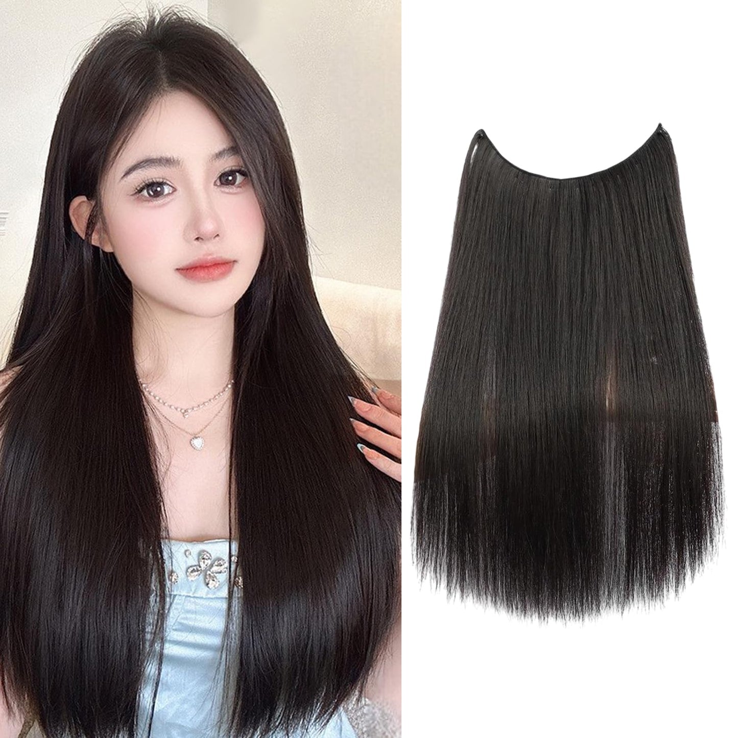S.A.V.I Natural Black Clip-In Hair Extension 60 cm Straight Long Hair Patch for Women | One Piece 4 Clip Volumizer | Soft Synthetic Fiber | Seamless Thick Natural Look | 27 cm Wide