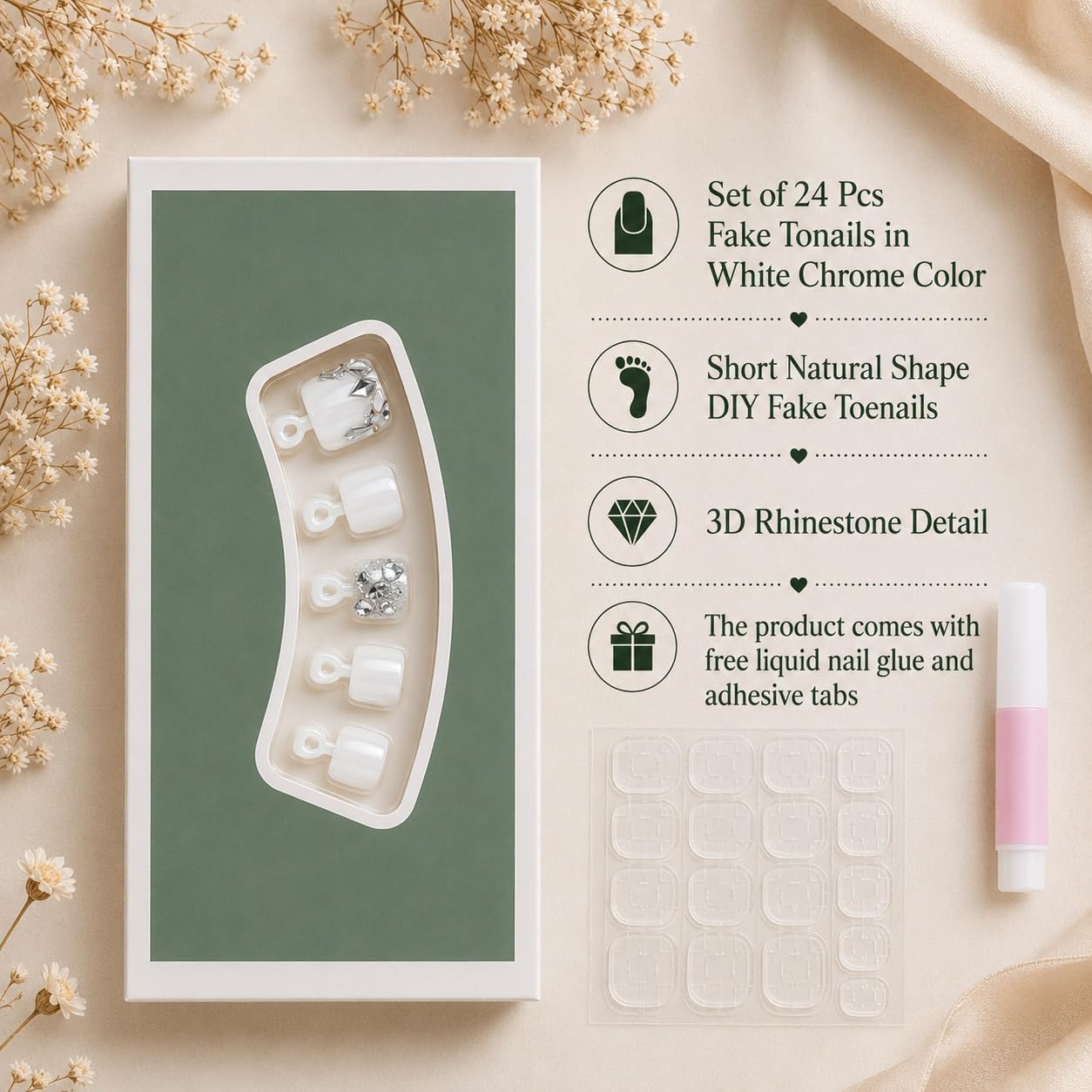 S.A.V.I Press on Toenails for Women 24 Pcs White Chrome Square