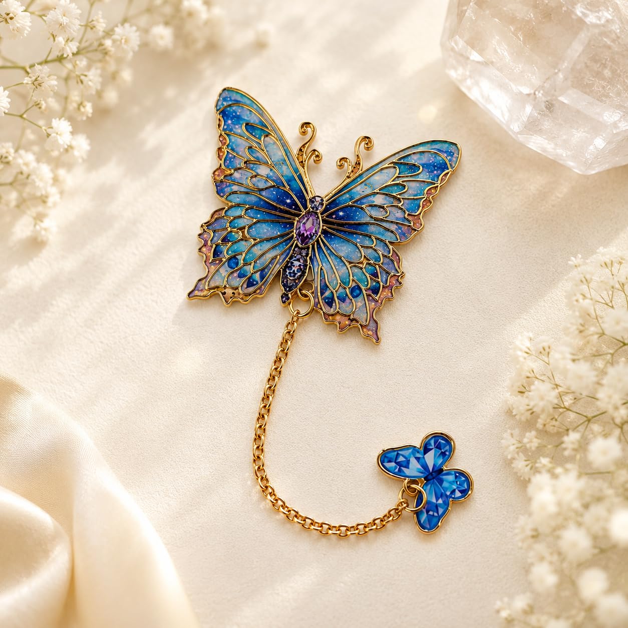 S.A.V.I Blue Butterfly Metal Bookmark with Dangling Charm | Enamel Detailing, Gold-Tone Finish, 14 cm Total Height, For Journals & Planners, Page Marker