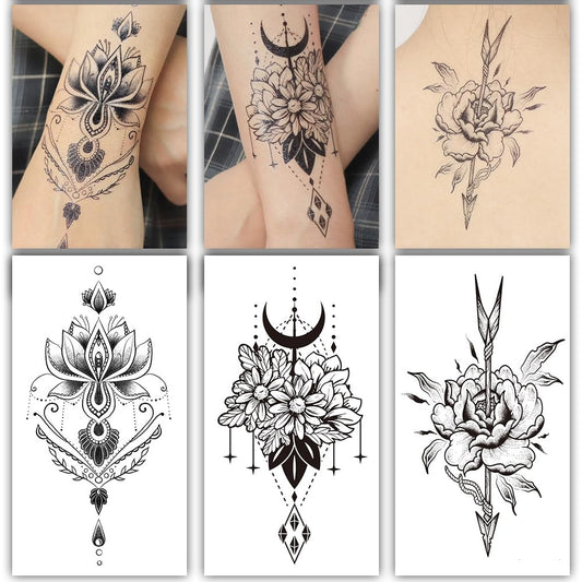 S.A.V.I 3 Pcs Large Floral Temporary Tattoos for Women – 16x9 cm Black Waterproof Body Art – Safe Non-Toxic Long-Lasting Arm, Back, Neck Tattoo Stickers – Mandala, Moon, Arrow Designs (02)