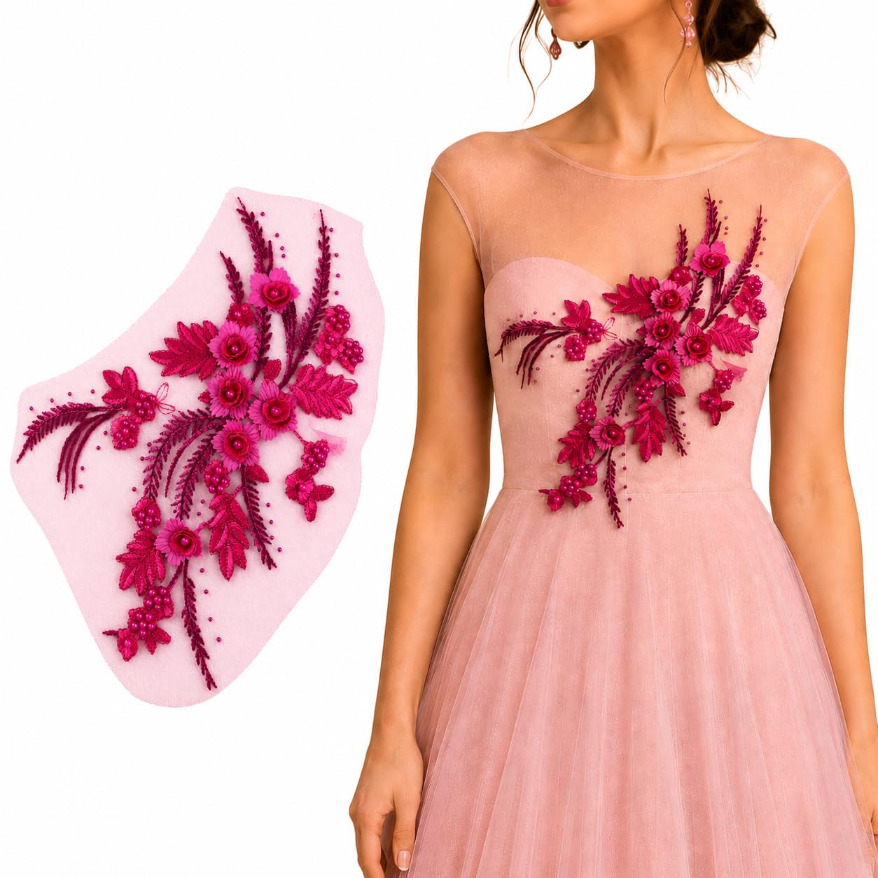 S.A.V.I Big Floral Embroidery Patch Sew-On Applique 34x25 cm|Hot Pink 3D Beaded Mesh Lace Motif for Kurtis, Blouses, Sarees, Gowns, Jeans & DIY Fashion Customization