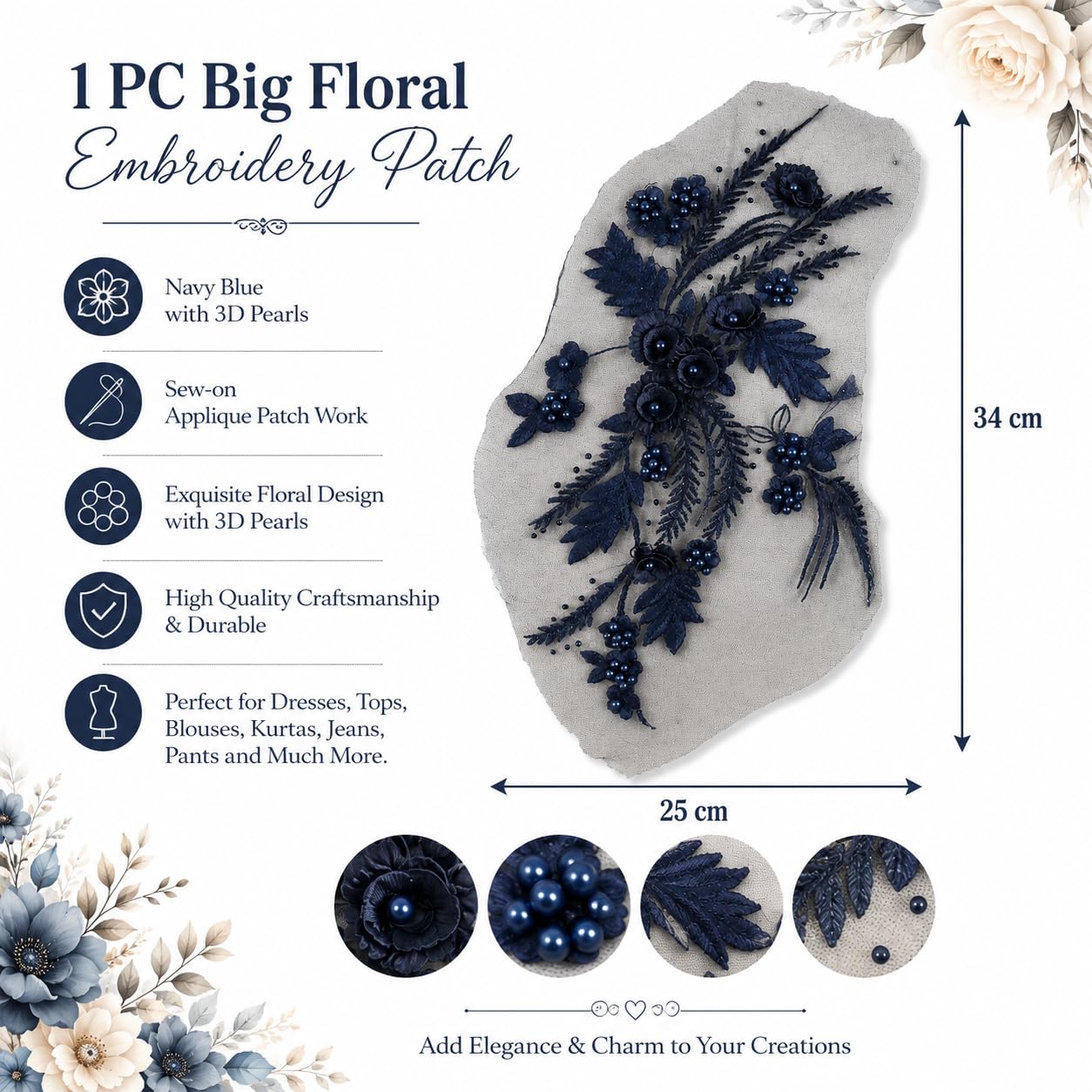 S.A.V.I Floral Embroidery Patch Sew-On Applique, Navy Blue|34 x 25 cm Lace Motif with 3D Pearls for Kurtis, Dresses, Blouses, DIY Craft & Garment Customization