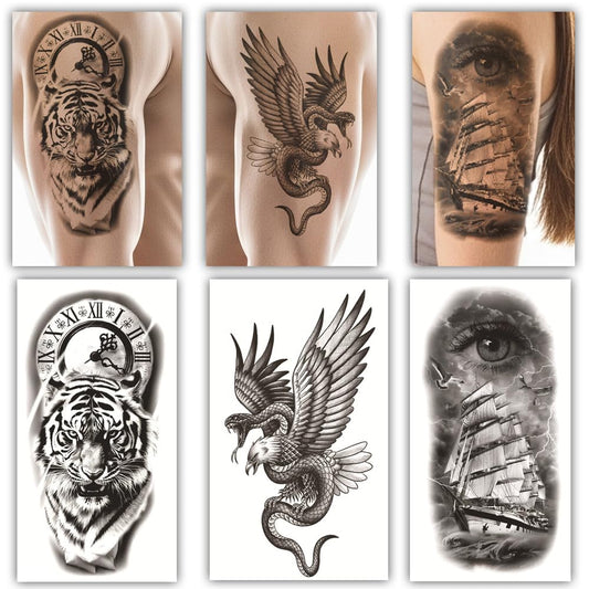 S.A.V.I 3 Mix Design Temporary Tattoo Sheets 21x10 cm Black Grey – Realistic Tiger Clock Eagle Snake Eye Ship Tattoos, Waterproof Non-Toxic Long Lasting Body Art for Men Women (#13)