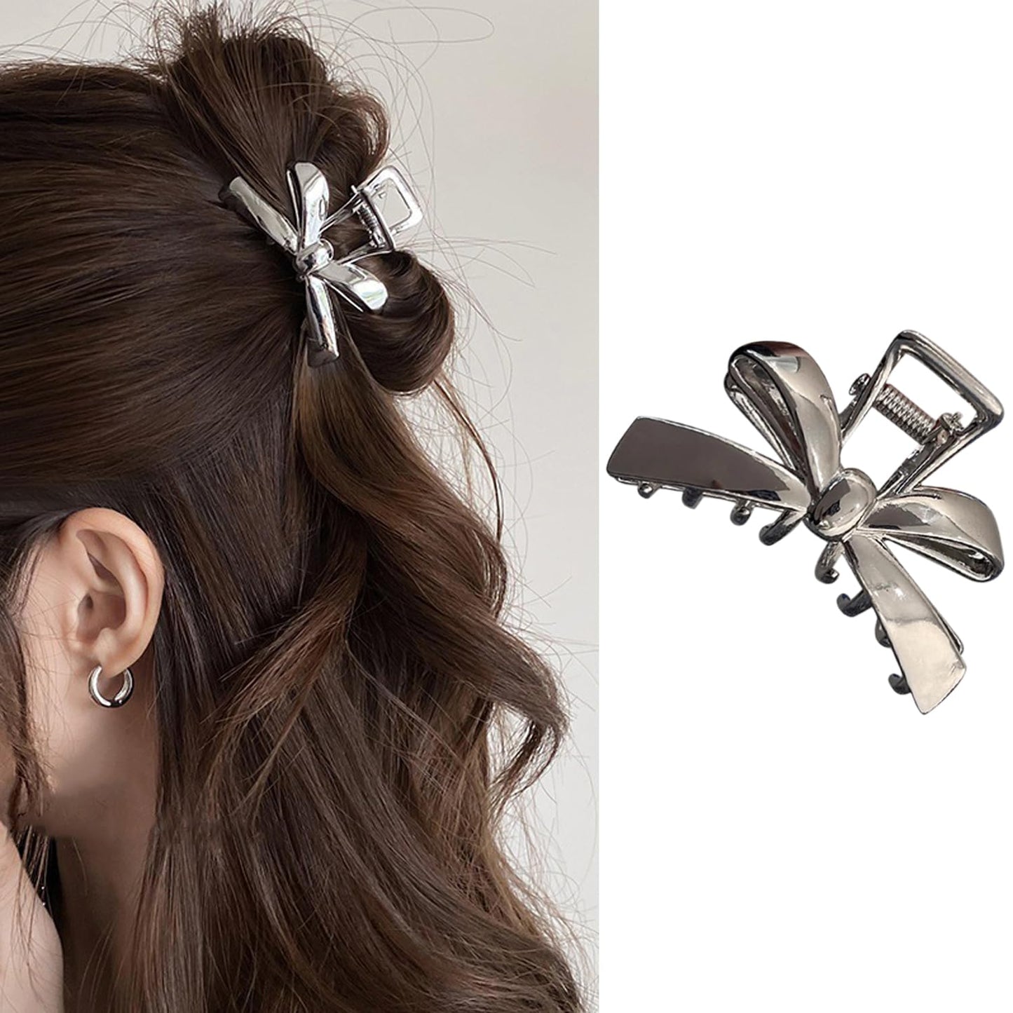S.A.V.I Silver Metal Bow Hair Claw Clip for Women & Girls (6 cm) | Strong Grip Mini Clutcher, Elegant Ribbon Design Hair Accessory for Daily, Office & Party Styling