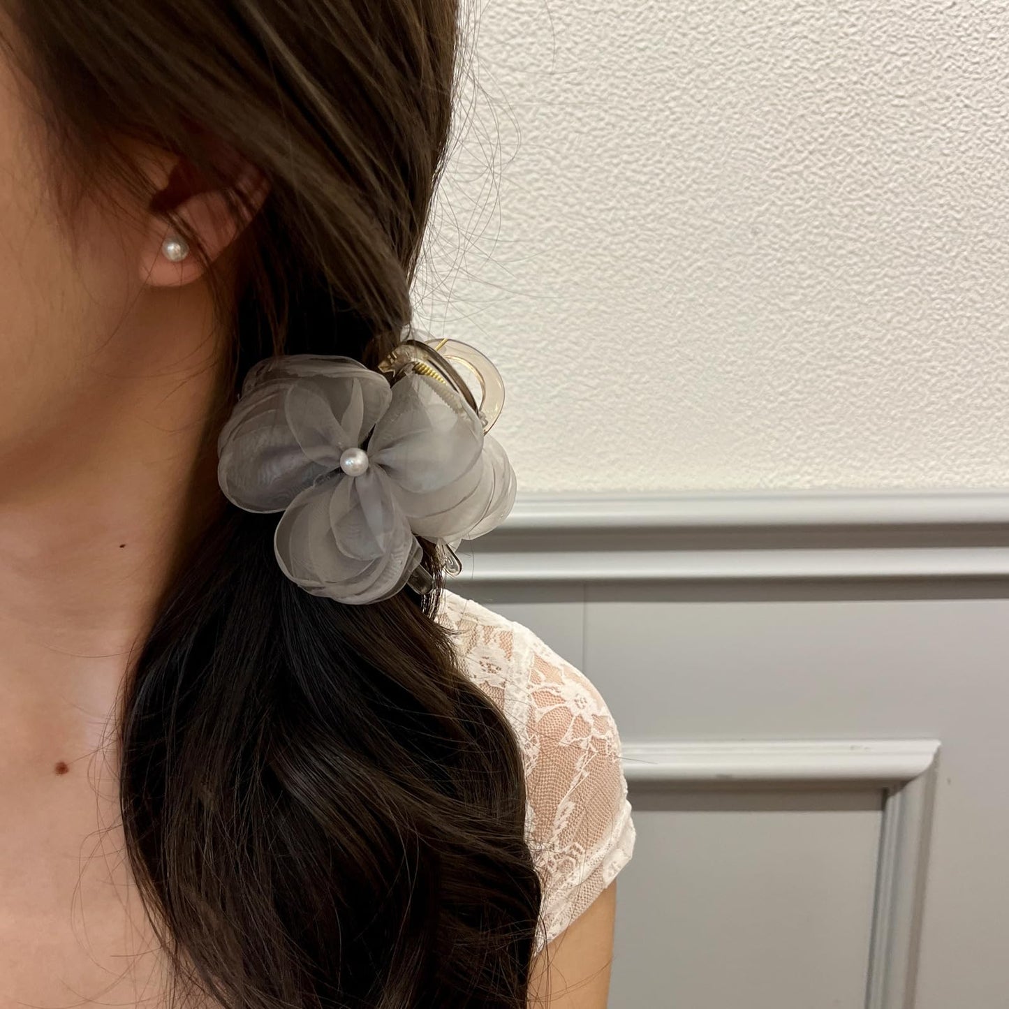 S.A.V.I Grey Flower Hair Claw Clip for Women & Girls | 8cm Fabric Floral Design with Pearl Center | Stylish Hair Accessory for Daily, Party, Festive & Traditional Outfits