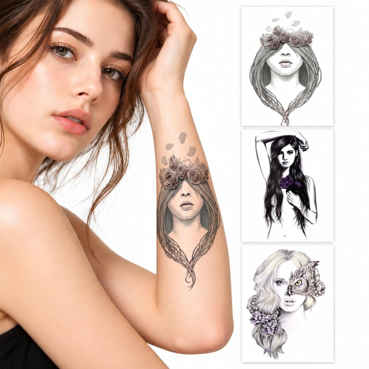 S.A.V.I Temporary Tattoo Stickers Floral Girl Portrait with Purple Rose