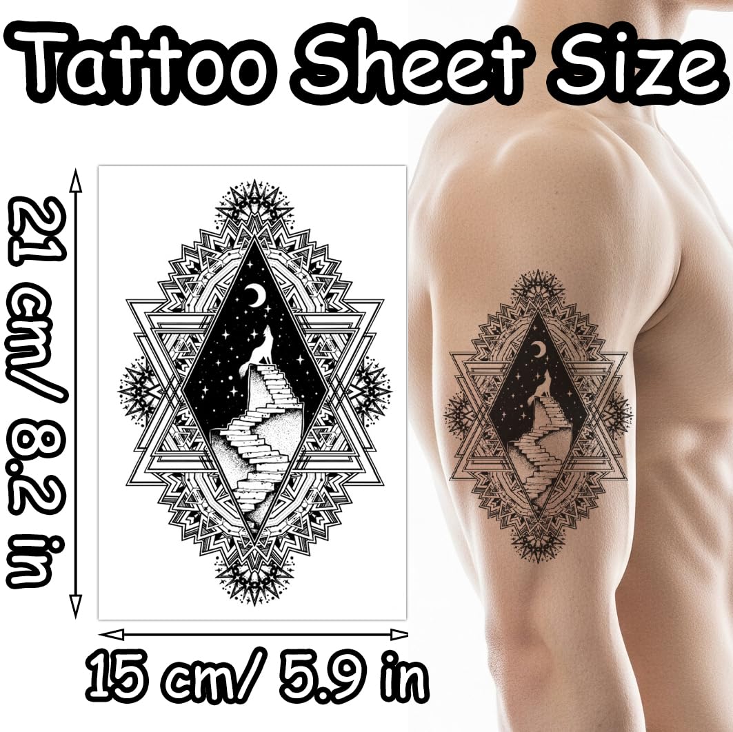 S.A.V.I Black Diamond Mandala Temporary Tattoo for Men & Women, Moon Wolf Staircase Fake Body Sticker, Safe Non-Toxic Tattoo for Arm Back Shoulder Thigh, 21x15 cm