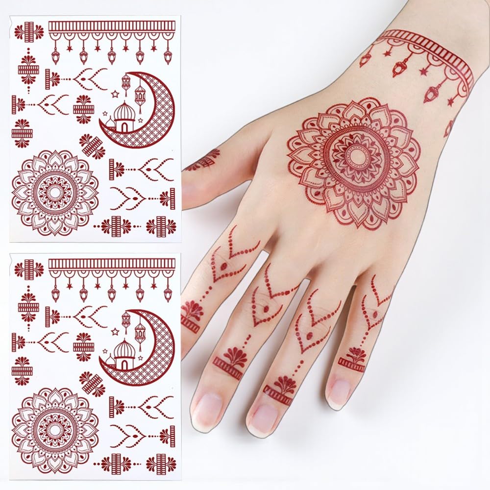 S.A.V.I 2Pcs Natural Islamic Henna Mehndi Temporary Tattoo Stickers for Women – Crescent Moon, Mosque & Mandala Design, Waterproof Skin-Safe Transfer Body Art for Eid, Nikah & Festivals (#54)